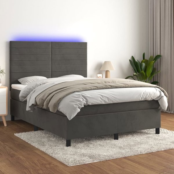 vidaXL Κρεβάτι Κοντινεντάλ με στρώμα και LED, γκρι βελούδο, 140x190 cm