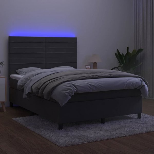 vidaXL Κρεβάτι Κοντινεντάλ με στρώμα και LED, γκρι βελούδο, 140x190 cm