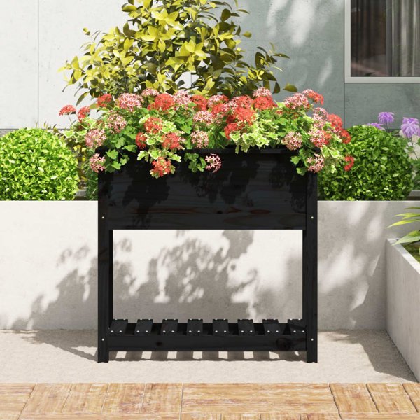 vidaXL Γλάστρα με ράφι, μαύρη, 82,5x34,5x81 εκ, μασίφ ξύλο πεύκου