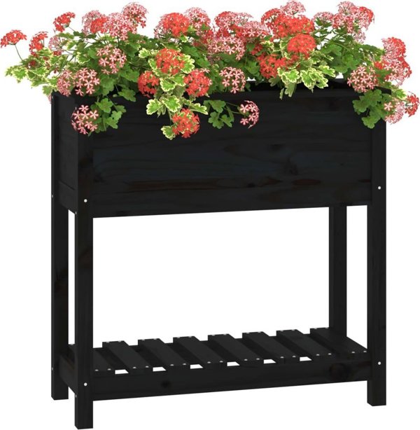 vidaXL Γλάστρα με ράφι, μαύρη, 82,5x34,5x81 εκ, μασίφ ξύλο πεύκου
