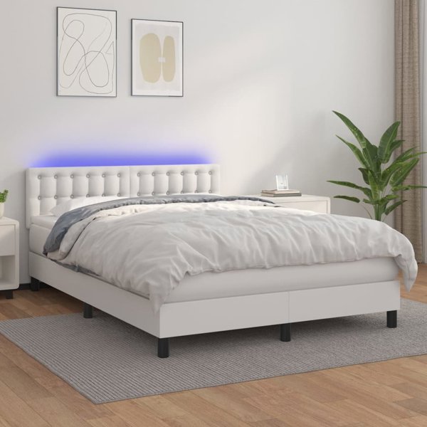 vidaXL Κοντινεντάλ κρεβάτι με στρώμα και LED, λευκό οικοδέρμα 140x200cm