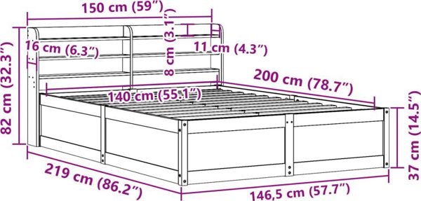 vidaXL Rama κρεβατιού με κεφαλάρι, λευκή, 140x200 cm, μασίφ πεύκο