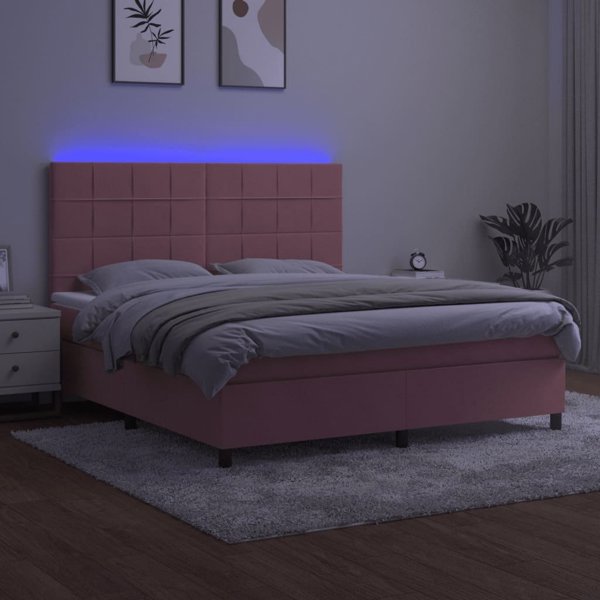 vidaXL Ηπειρωτικό κρεβάτι με στρώμα και LED, ροζ βελούδο 180x200 cm