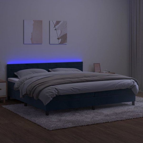 vidaXL Lozko kontynentalne z materacem i LED, niebieski aksamit 200x200cm