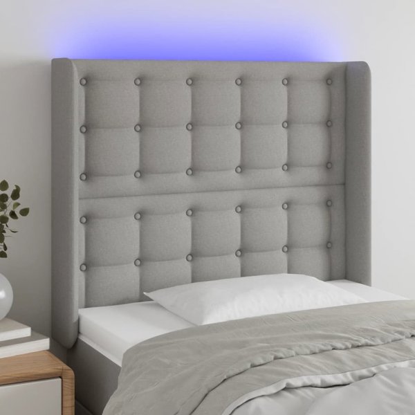 vidaXL Κεφαλάρι κρεβατιού με LED σε ανοιχτό γκρι ύφασμα 93x16x118/128 εκ.
