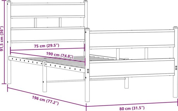 Μεταλλική κορνίζα κρεβατιού χωρίς στρώμα 75x190 cm καπνιστή δρυς