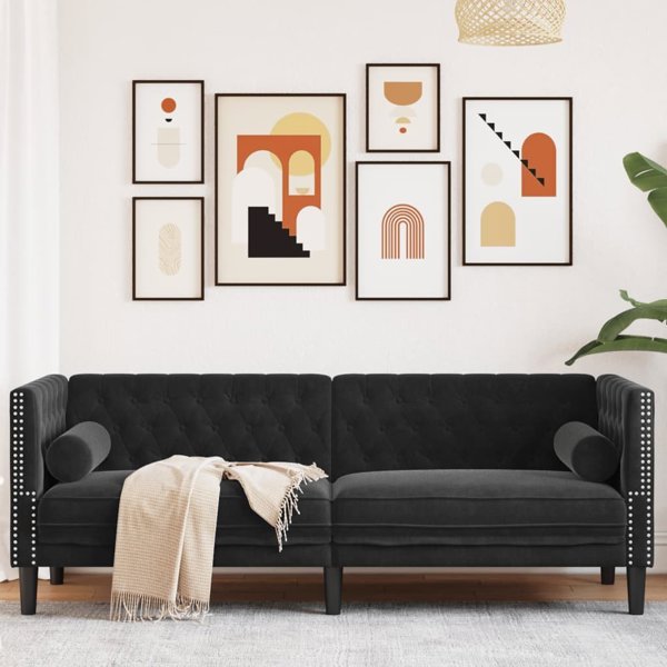 vidaXL Καναπές Chesterfield με κυλίνδρους, τριθέσιος, μαύρος, βελούδινος