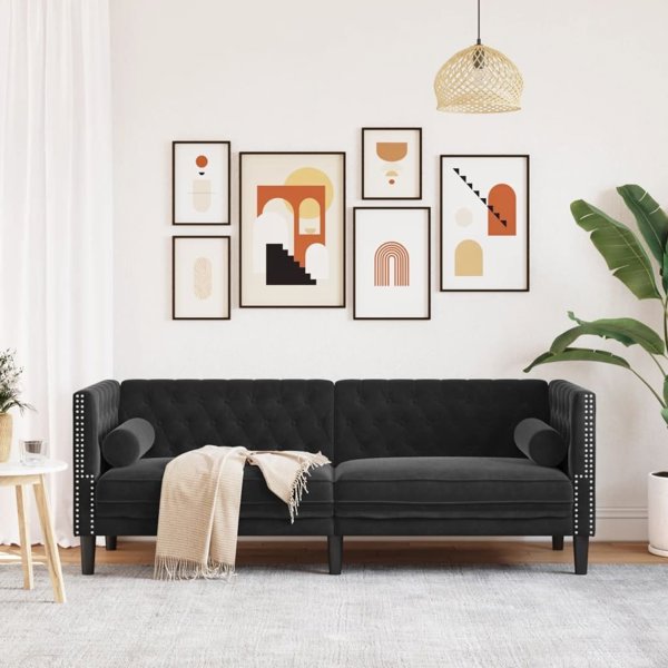 vidaXL Καναπές Chesterfield με κυλίνδρους, τριθέσιος, μαύρος, βελούδινος