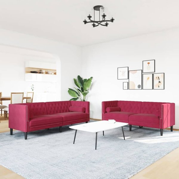 vidaXL Σετ Chesterfield 2 τεμαχίων με μαξιλάρια, μπορντό, βελούδο