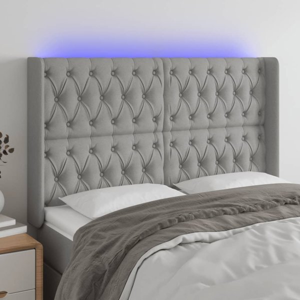 vidaXL Zaglowek do lozka z LED, jasnoszary, 147x16x118/128 cm, tkanina