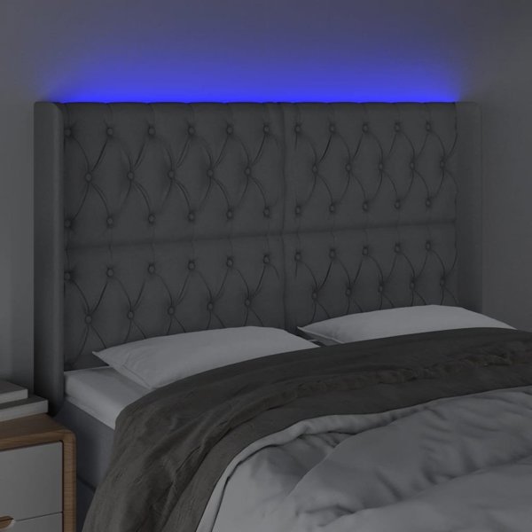 vidaXL Zaglowek do lozka z LED, jasnoszary, 147x16x118/128 cm, tkanina