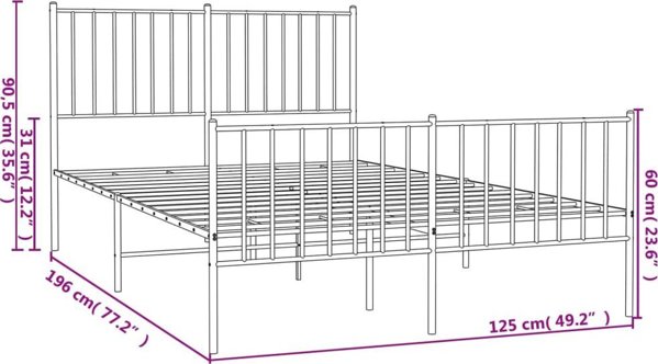 vidaXL Μεταλλική ράμα κρεβατιού με κεφαλάρι και ποδαρικό, λευκή, 120x190 cm
