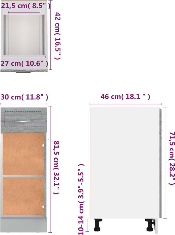vidaXL Κάτω ντουλάπι με συρτάρι γκρι δρυς Sonoma 30x46x81,5 εκ.