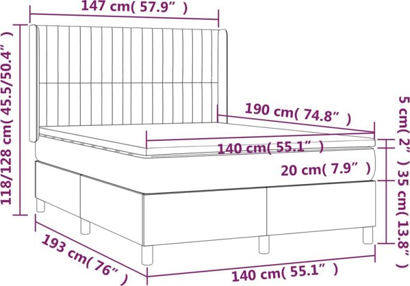 vidaXL Κρεβάτι κοντινένταλ με στρώμα, μαύρο, 140x190 cm, ύφασμα