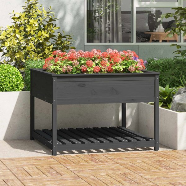 vidaXL Ζαρντινιέρα με ραφιέρα, γκρι, 111,5x111,5x81 εκ., μασίφ πεύκο