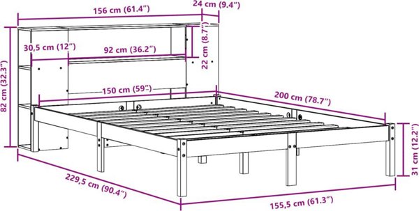 vidaXL Κρεβάτι με βιβλιοθήκη μασίφ πεύκου 150x200 cm