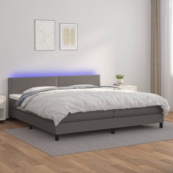 vidaXL Κρεβάτι Κοντινένταλ με Στρώμα και LED, Γκρι Συνθετικό Δέρμα, 200x200cm