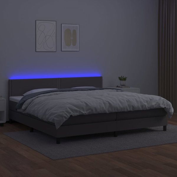 vidaXL Κρεβάτι Κοντινένταλ με Στρώμα και LED, Γκρι Συνθετικό Δέρμα, 200x200cm