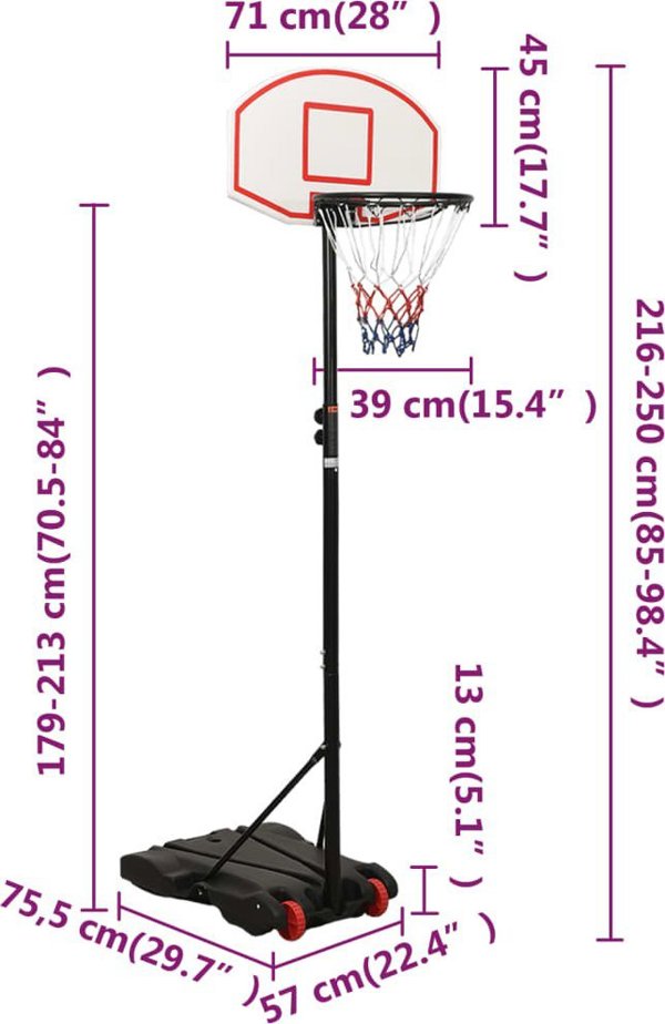 vidaXL Stojak do koszykowki, bialy, 216-250 cm, polietylen