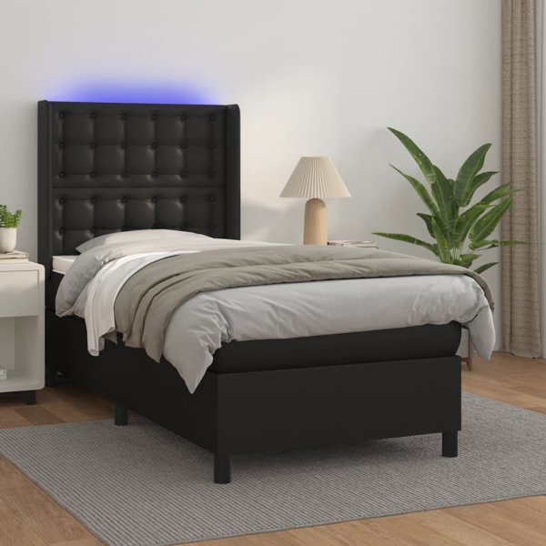 vidaXL Logko kontynentalne z materacem i LED czarna ekoskora 80x200 cm
