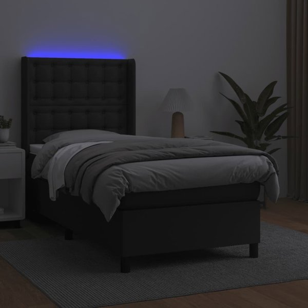 vidaXL Logko kontynentalne z materacem i LED czarna ekoskora 80x200 cm