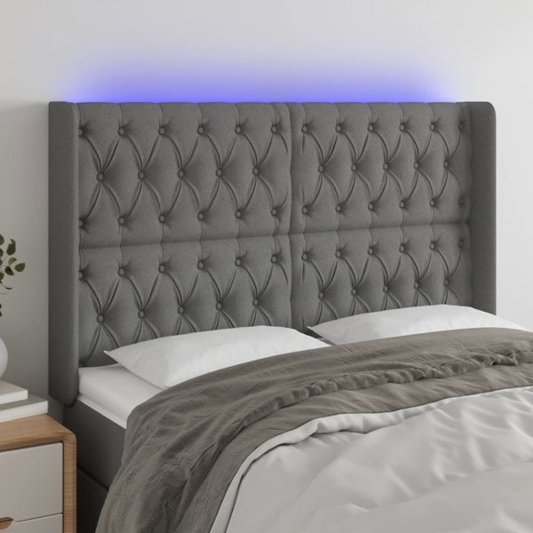 vidaXL Κεφαλάρι κρεβατιού με LED, σκούρο γκρι, 147x16x118/128 εκ., ύφασμα