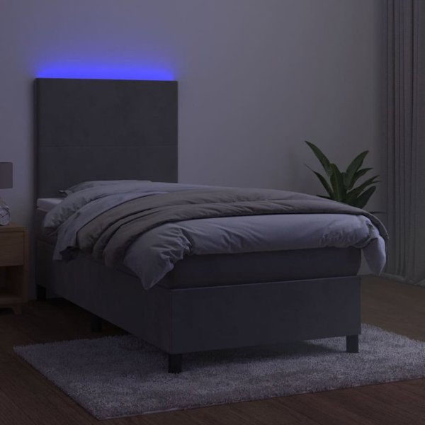 vidaXL Κρεβάτι Continental με στρώμα και LED, γκρι, βελούδο 90x200 εκ