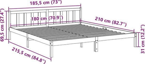 vidaXL Μεγάλο κρεβάτι χωρίς στρώμα, 180x210 εκ., από μασίφ πεύκο