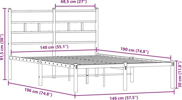 vidaXL Metalowa rama lozka bez materaca przydymiony dab 140x190 cm