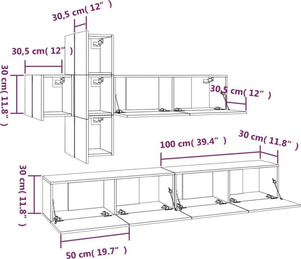 vidaXL Σετ 7 ντουλάπια για TV, γκρι ντεκόρ δρυός Sonoma, σύνθετο ξύλο