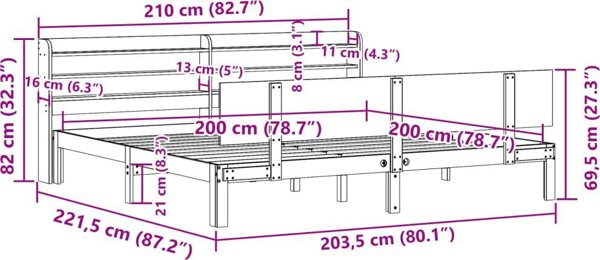 vidaXL Κάδρο κρεβατιού με κεφαλάρι 200x200 εκ. μασίφ πεύκο