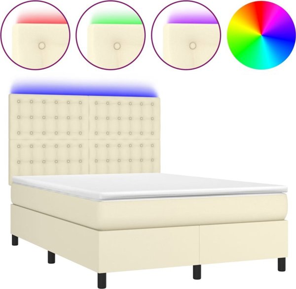 vidaXL Κρεβάτι κοντινενταλ με LED, στρώμα, κρεμ, οικολογικό δέρμα 140x190cm