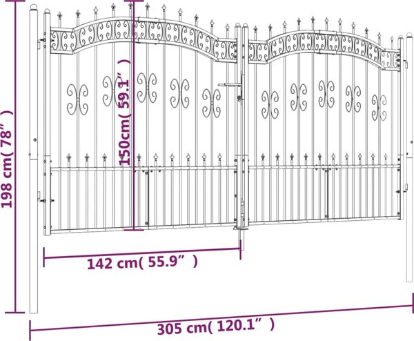 vidaXL vidaXL Brama z grotami, czarna, 305x198 cm, malowana proszkowo stal