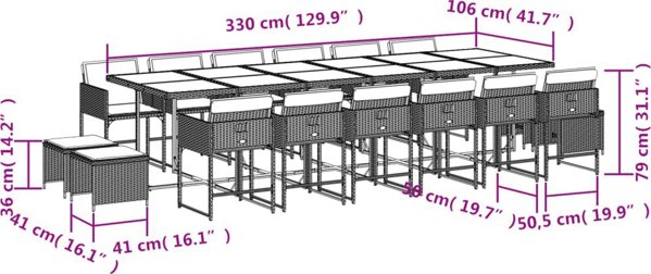 vidaXL 17-cz. zestaw mebli ogrodowych z poduszkami, czarny, rattan PE