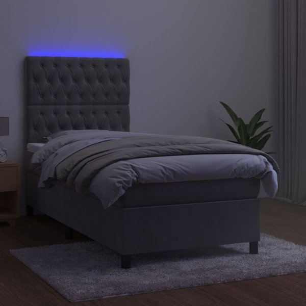 vidaXL Κρεβάτι κοντινεντάλ με στρώμα και LED, γκρι, 100x200 cm, βελούδο