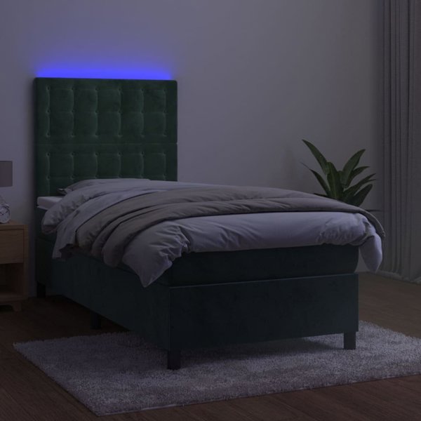 vidaXL Κρεβάτι κοντινεντάλ με στρώμα και LED, πράσινο βελούδο, 100x200 εκ