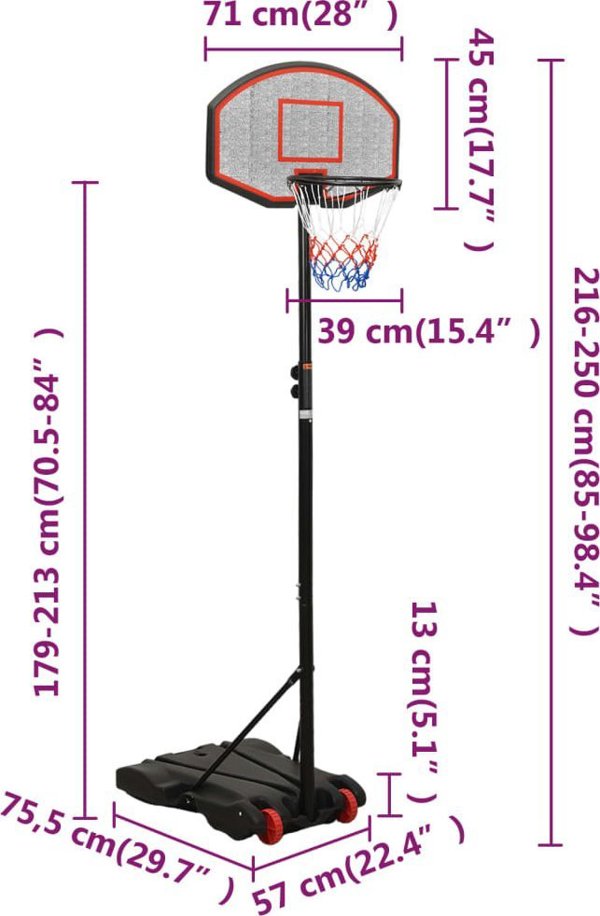 vidaXL Stojak do koszykowki, czarny, 216-250 cm, polietylen