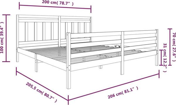 vidaXL Ράμα κρεβατιού γκρι από μασίφ ξύλο, 200 x 200 cm
