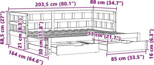 vidaXL Επεκτεινόμενο κρεβάτι ημέρας 80x200 εκ. με συρτάρια μασίφ πεύκο