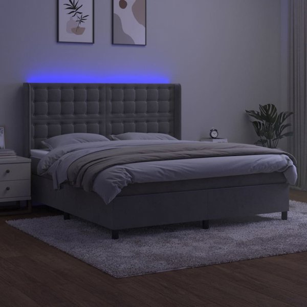 vidaXL κρεβάτι κοντινεντάλ με στρώμα και LED, γκρι 180x200cm, βελούδο