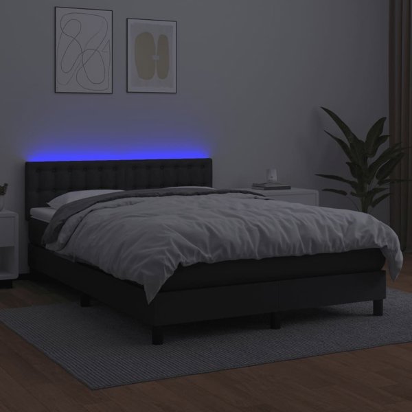 vidaXL Κρεβάτι κοντινό με στρώμα και LED, μαύρη δερματίνη, 140x200 εκ.