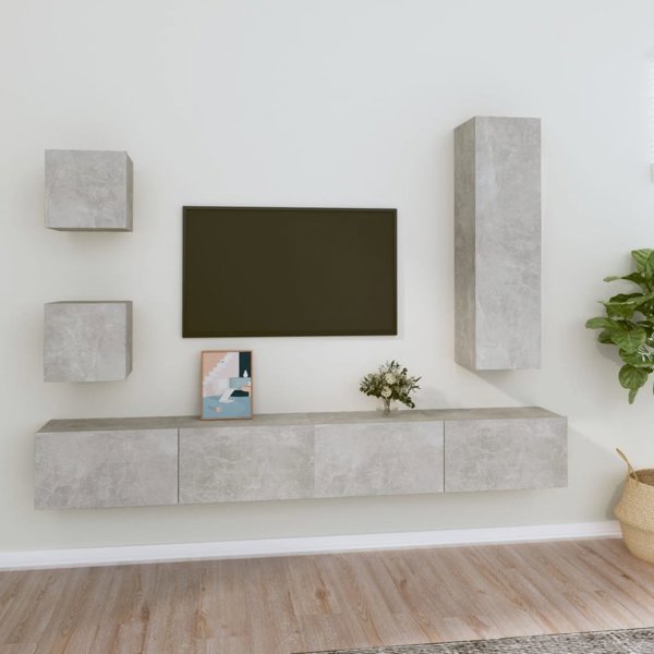 vidaXL Σετ 5 ντουλαπιών TV, γκρι τσιμέντου, υλικό ξύλου