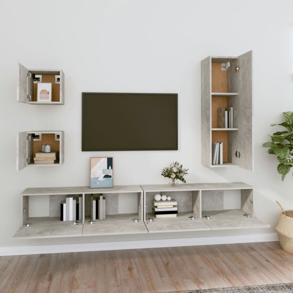 vidaXL Σετ 5 ντουλαπιών TV, γκρι τσιμέντου, υλικό ξύλου