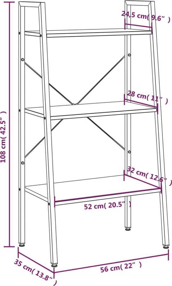 vidaXL Ραφιέρα Σκάλα με 3 Ράφια, Σκούρο Καφέ-Μαύρο, 56x35x108 εκ.