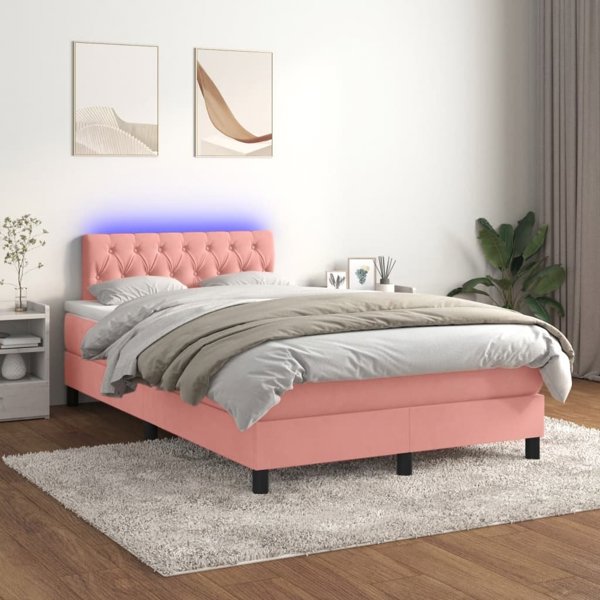 vidaXL Κρεβάτι Continental με στρώμα και LED, ροζ βελούδο, 120x200 cm