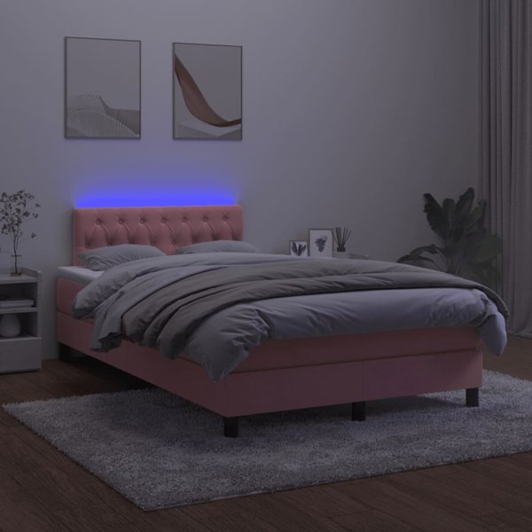 vidaXL Κρεβάτι Continental με στρώμα και LED, ροζ βελούδο, 120x200 cm