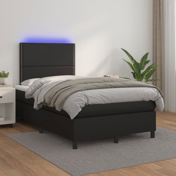 vidaXL Λουτζκο κοντινενταλ με στρώμα και LED, μαύρο οικολογικό δέρμα 120x200 cm