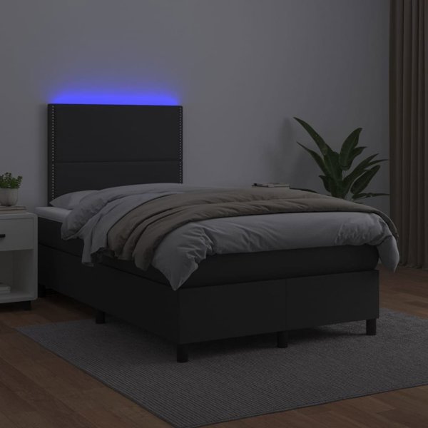 vidaXL Λουτζκο κοντινενταλ με στρώμα και LED, μαύρο οικολογικό δέρμα 120x200 cm