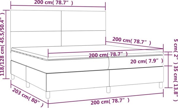 vidaXL Λιτό Κρεβάτι Continental με Στρώμα και LED, Γκρι Βελούδο, 200x200 cm