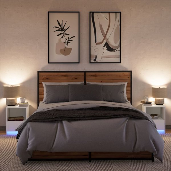 vidaXL Κομοδίνα με LED, Σετ 2 τεμ., Λευκά, από Συνθετικό Ξύλο